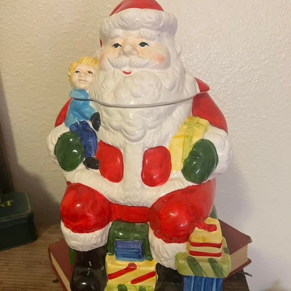 Vintage Ceramic Santa Claus Cookie Jar with Child and Presents Holiday Decor